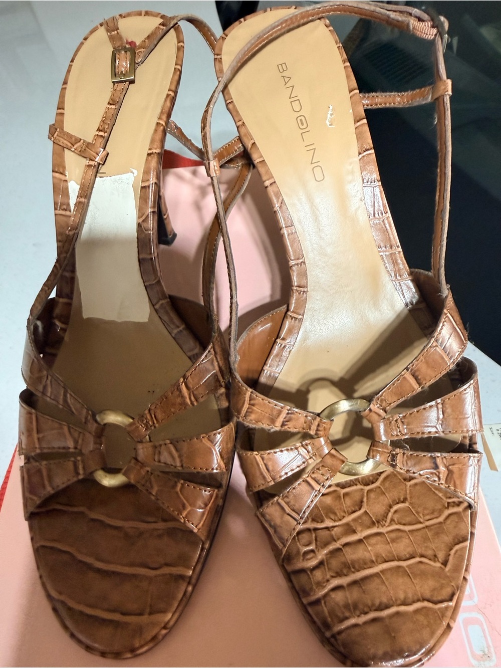 Bandolino Tan Croc-Embossed Ring-Accent Slingback Heels